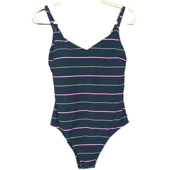 KONA SOL Green Stripe Medium Coverage One Piece Swimsuit Open Back Women's Large - Picture 1 of 6